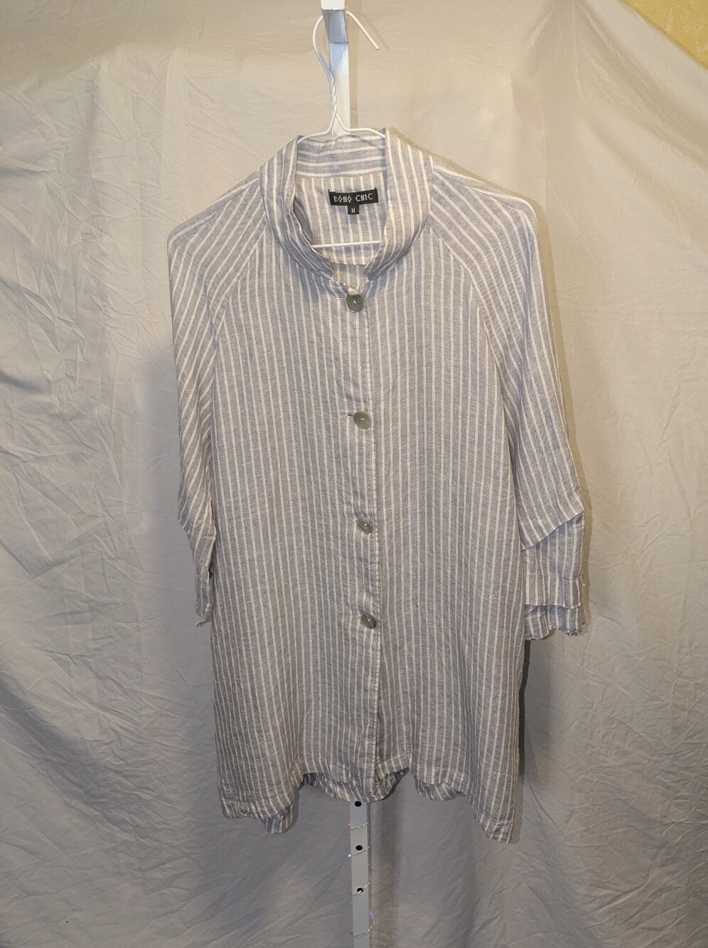 Boho Chic 100% Linen Striped Button Down Tunic Shirt Jacket with Pockets - M